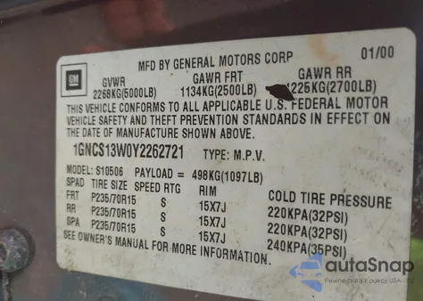 2000 Chevrolet Blazer Ls from USA, damaged, VIN 1GNCS13W0Y2262721